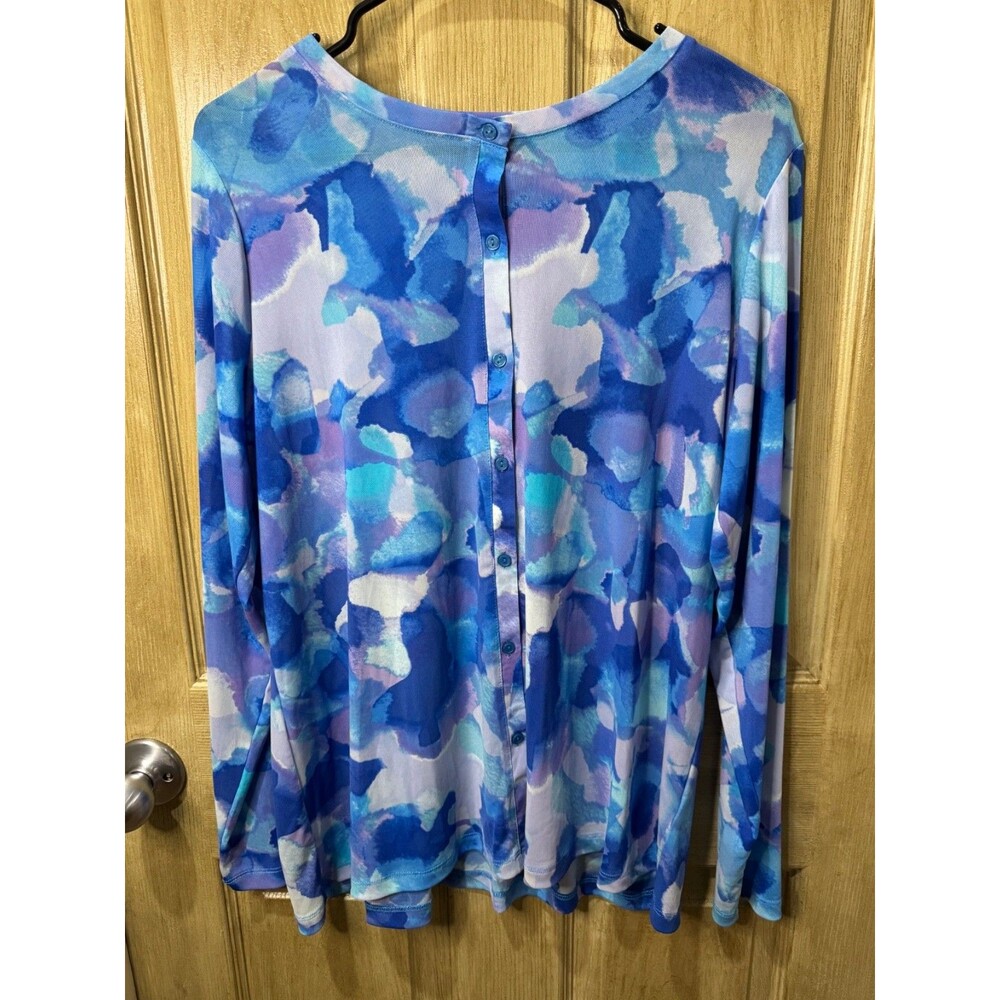 LOGO Lori Goldstein Womens L Watercolor Mesh Button Back Top Blue Purple